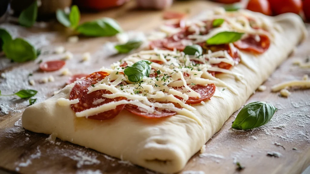 Stromboli dough topped with cheese, meats, and herbs before rolling