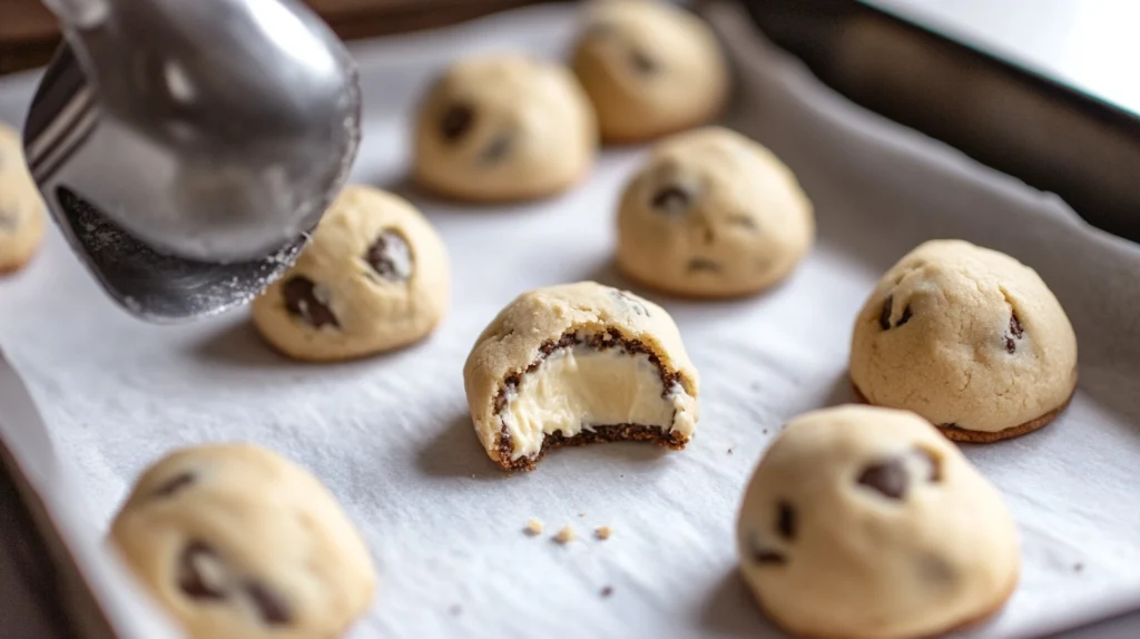 Cookie dough balls being stuffed with creamy cheesecake filling, ready to bake.