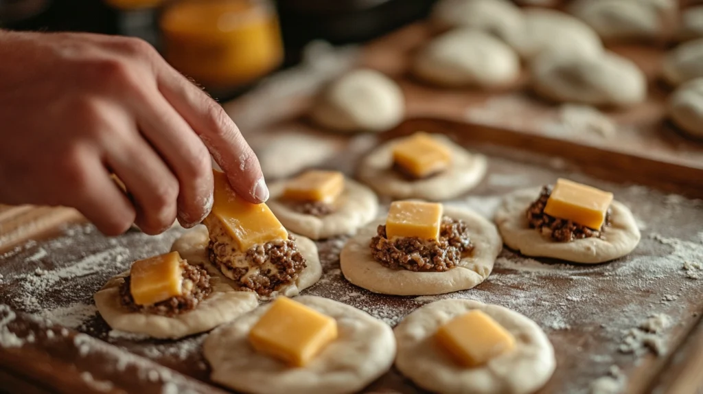 Biscuit dough rounds being filled with cheesy beef and sealed into garlic parmesan cheeseburger bombs