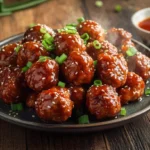 Juicy sweet chili meatballs coated in a sticky glaze, garnished with sesame seeds and green onions