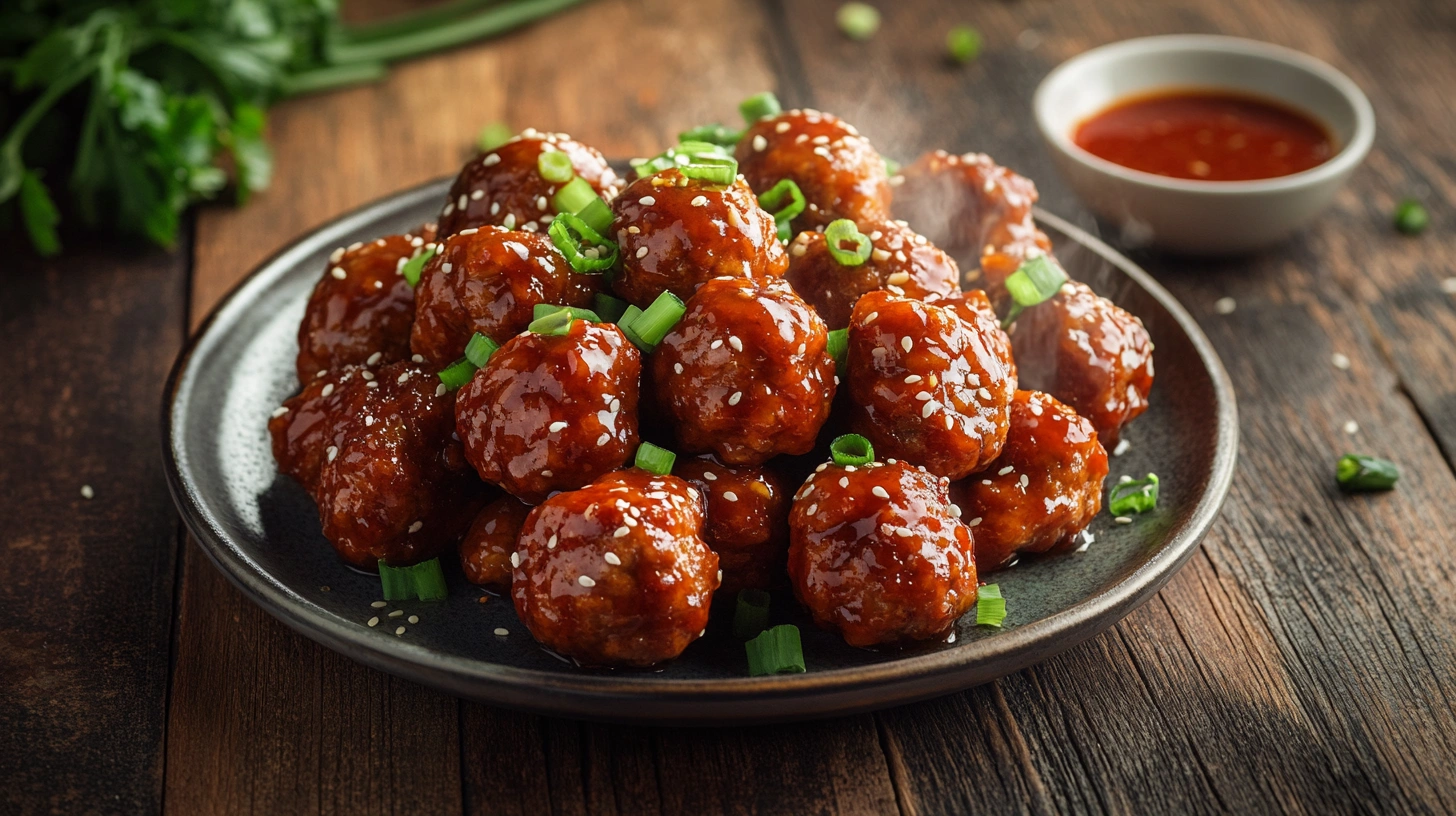 Juicy sweet chili meatballs coated in a sticky glaze, garnished with sesame seeds and green onions