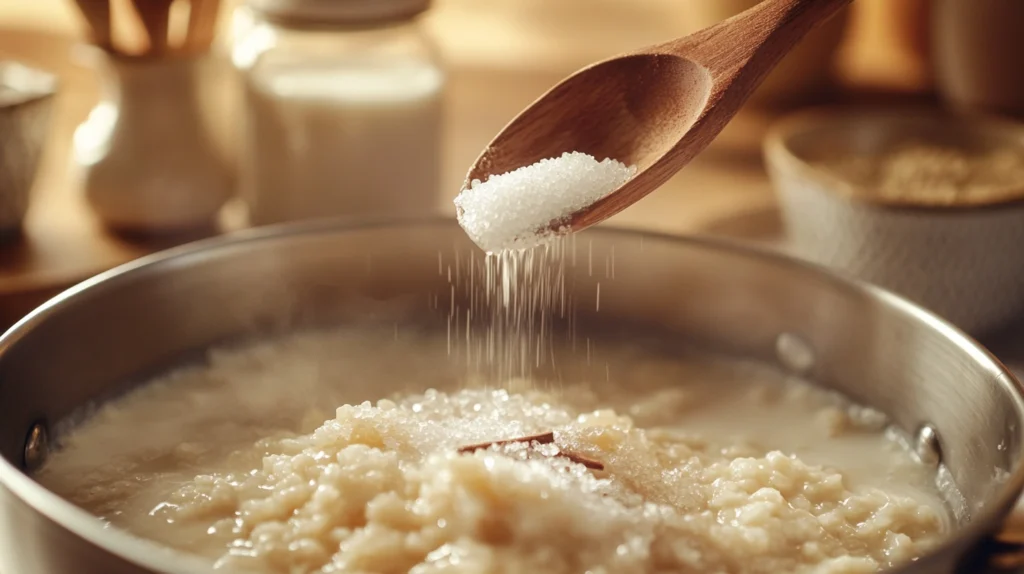 Sugar being poured into a saucepan of creamy Arroz con Leche, with a wooden spoon stirring gently.