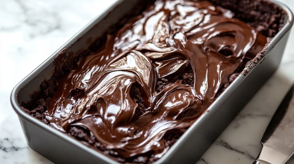 Hot fudge sauce being swirled into brownie batter in a loaf pan for extra richness