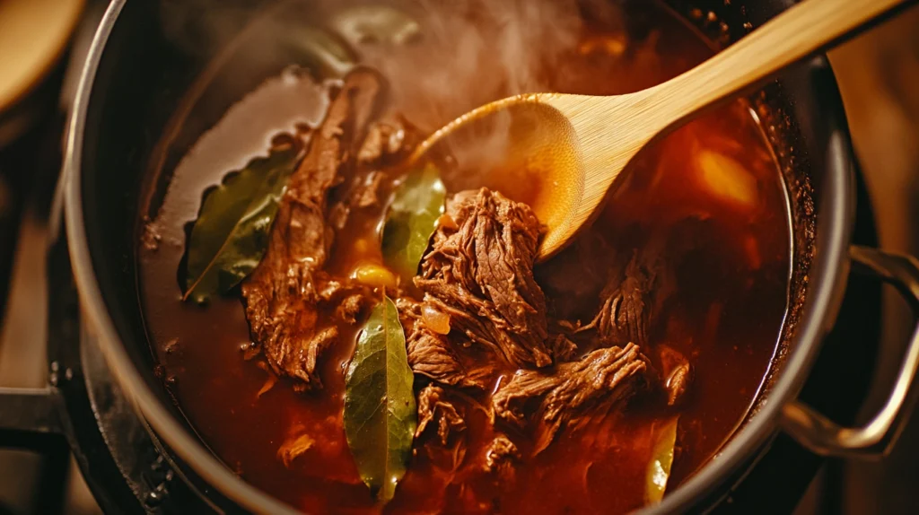 Slow-cooked birria meat simmering in rich consommé with chili peppers