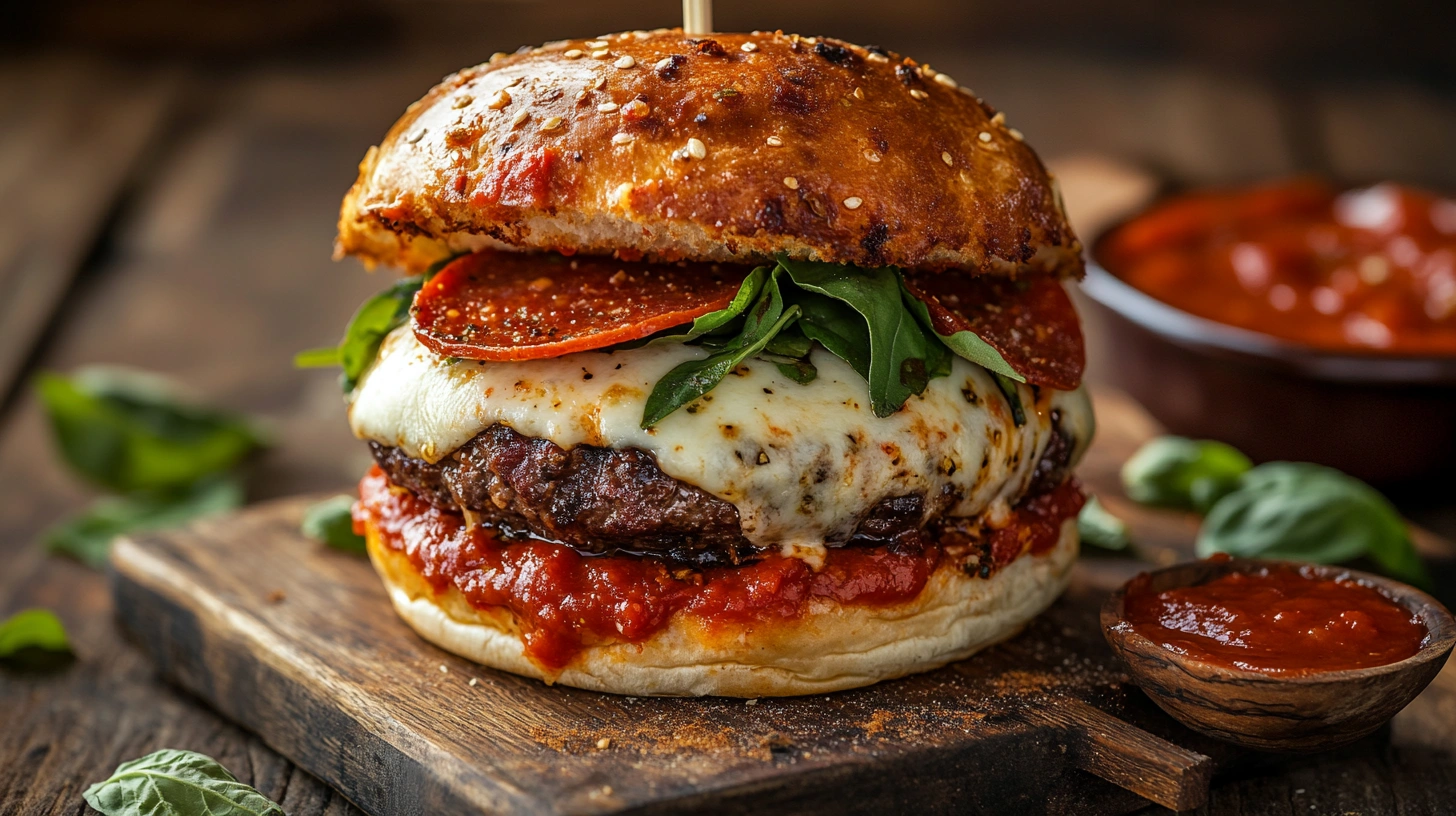 Juicy pizza burger topped with melted cheese, pepperoni, and rich pizza sauce on a toasted bun