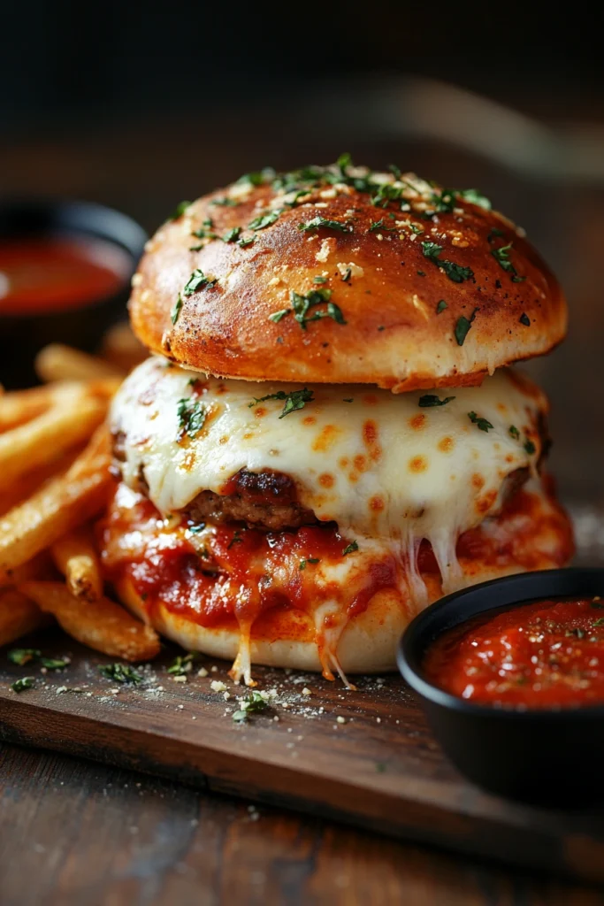 A fully assembled pizza burger with gooey cheese, crispy pepperoni, and a side of garlic fries