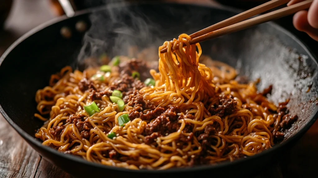 Mongolian ground beef noodles being tossed in a wok, coated in a savory, glossy sauce