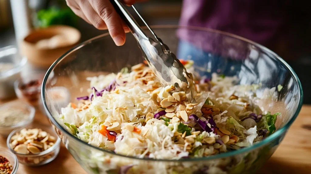 A person tossing fresh wombok salad with tongs, mixing crispy noodles, cabbage, and a tangy dressing.