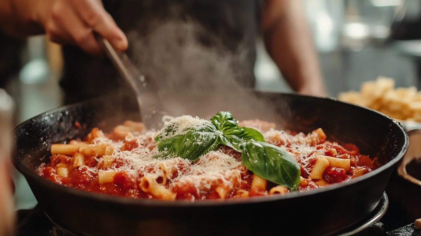 Delicious ditalini pasta recipe with tomato sauce and basil