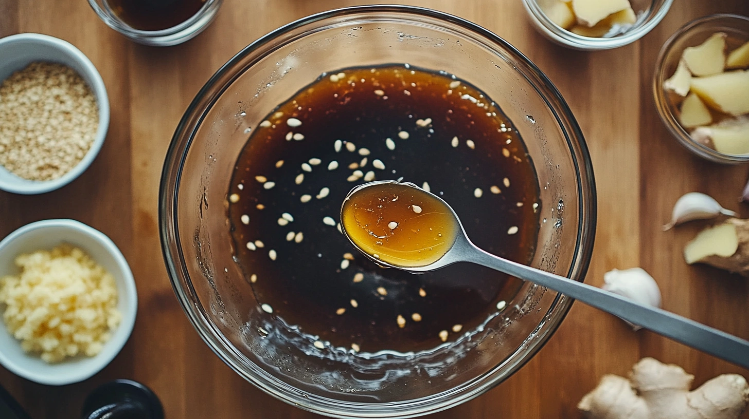 A bowl of honey soy marinade with a spoon lifting the glossy sauce, surrounded by fresh garlic, ginger, and sesame seeds.