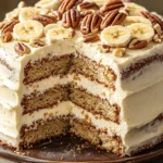 A slice of banana pecan layer cake with cream cheese frosting, topped with banana slices and toasted pecans.