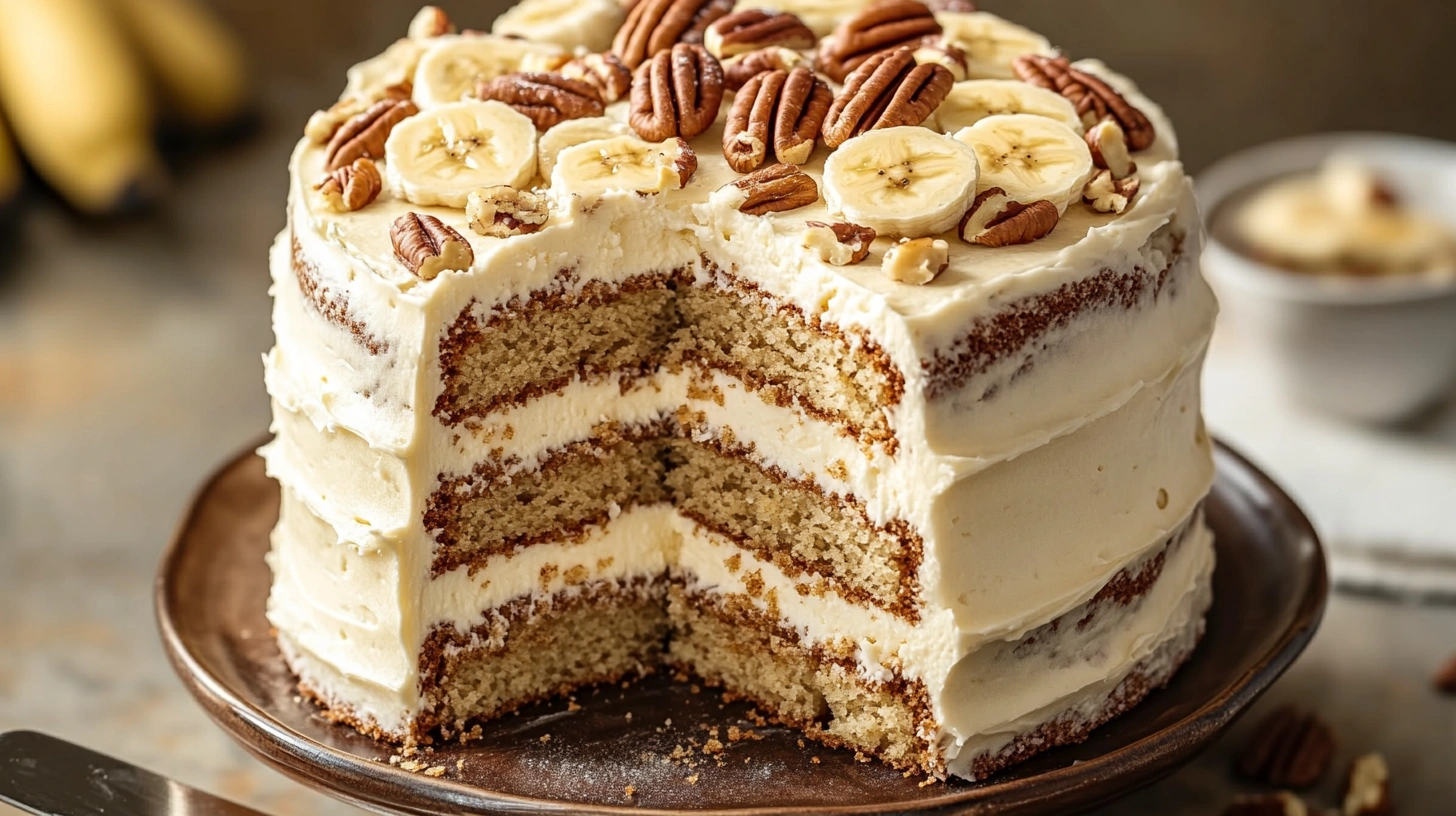 A slice of banana pecan layer cake with cream cheese frosting, topped with banana slices and toasted pecans.