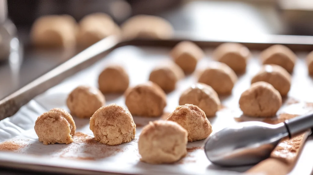 Scooped cinnamon roll sugar cookie dough balls on a baking tray, ready for chilling.